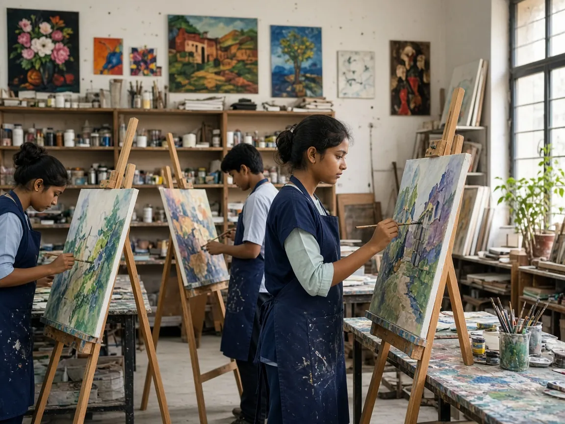 Students painting on easels in an art room