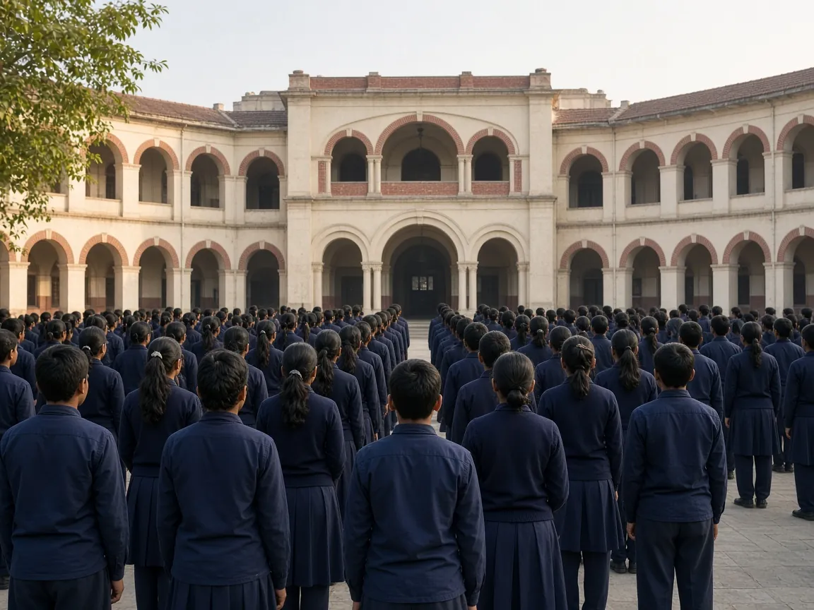 Students standing in neat rows at morning assembly in front of the school building