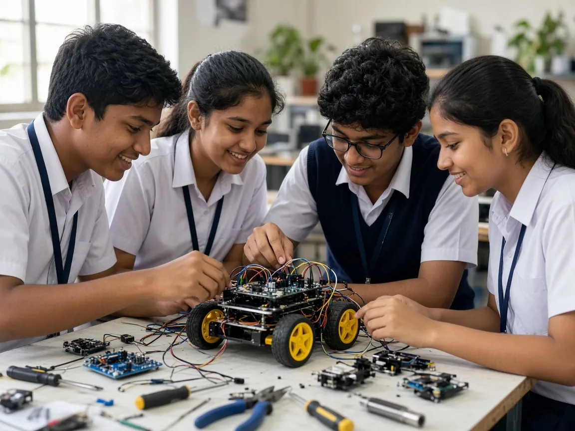 Students building a small robot together
