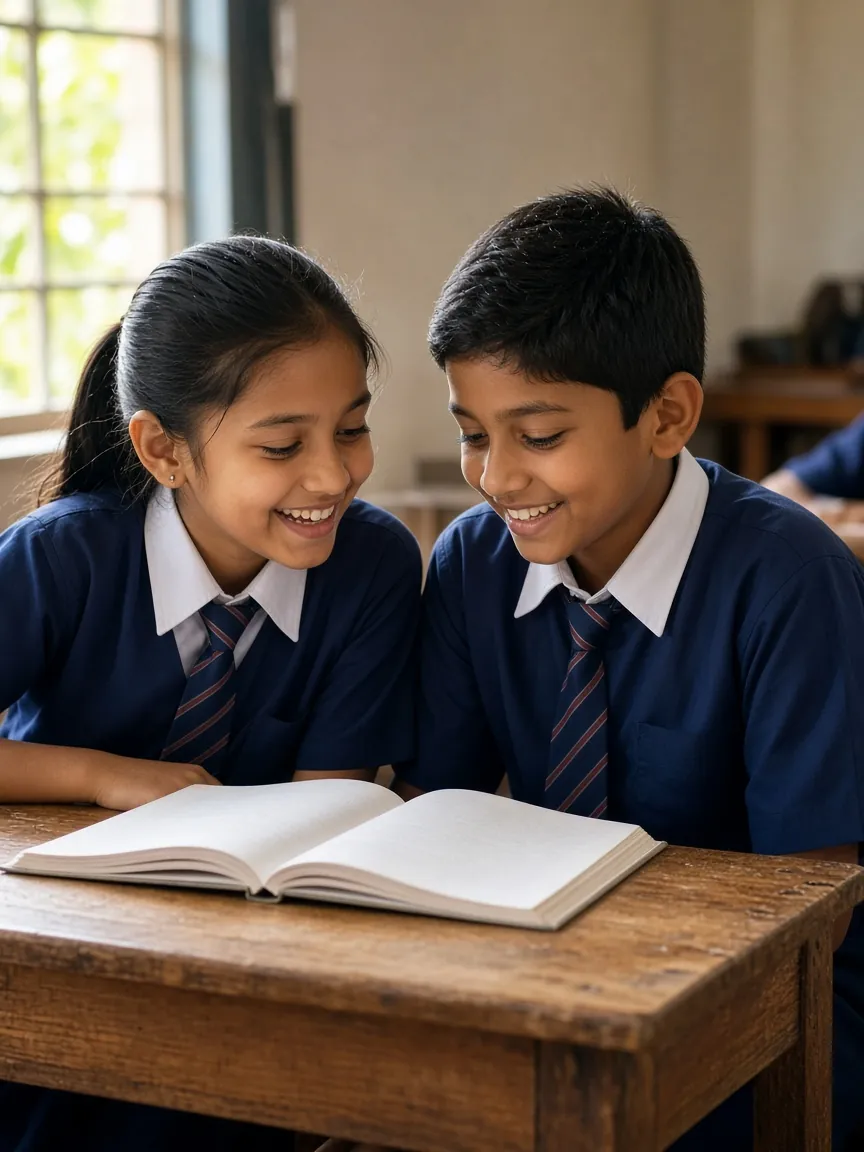Two smiling students in navy uniforms reading an open book together at a classroom desk