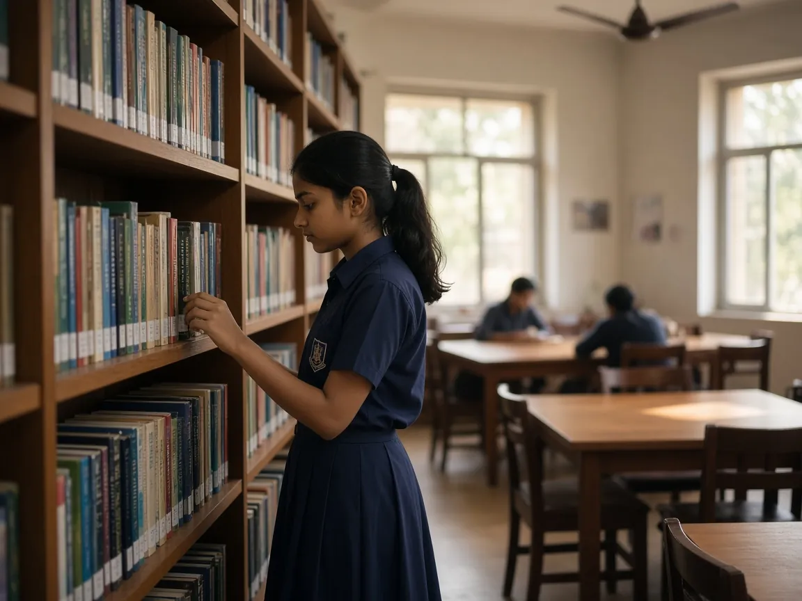 Student choosing a book from library shelves