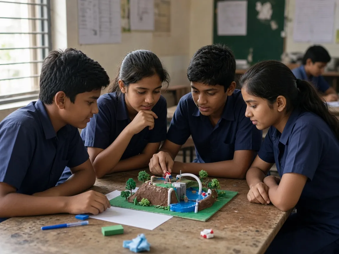 Middle school students building a science model together