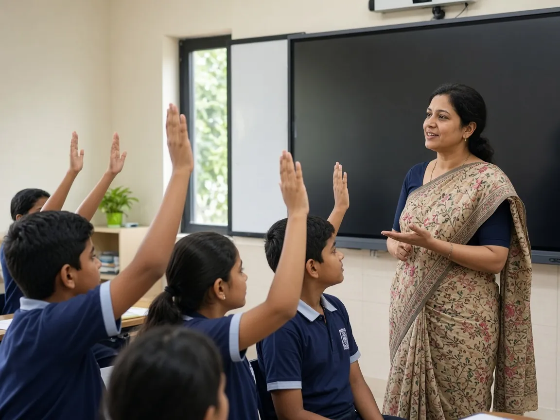 Teacher using a large digital display while students raise their hands